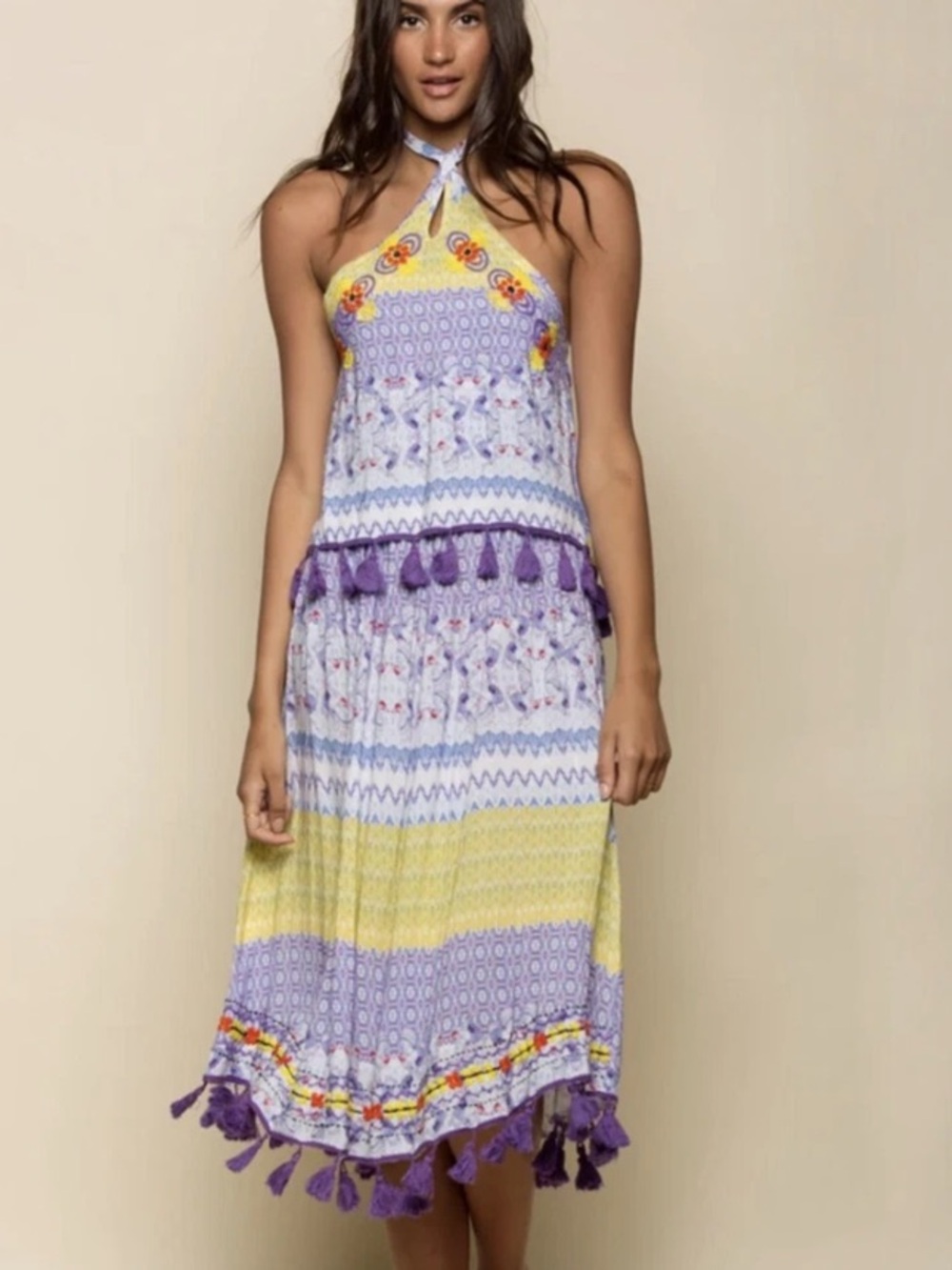 RAGA Tropic Bird Embroidered Yellow and Lavender Boho Halter Midi Dress XS